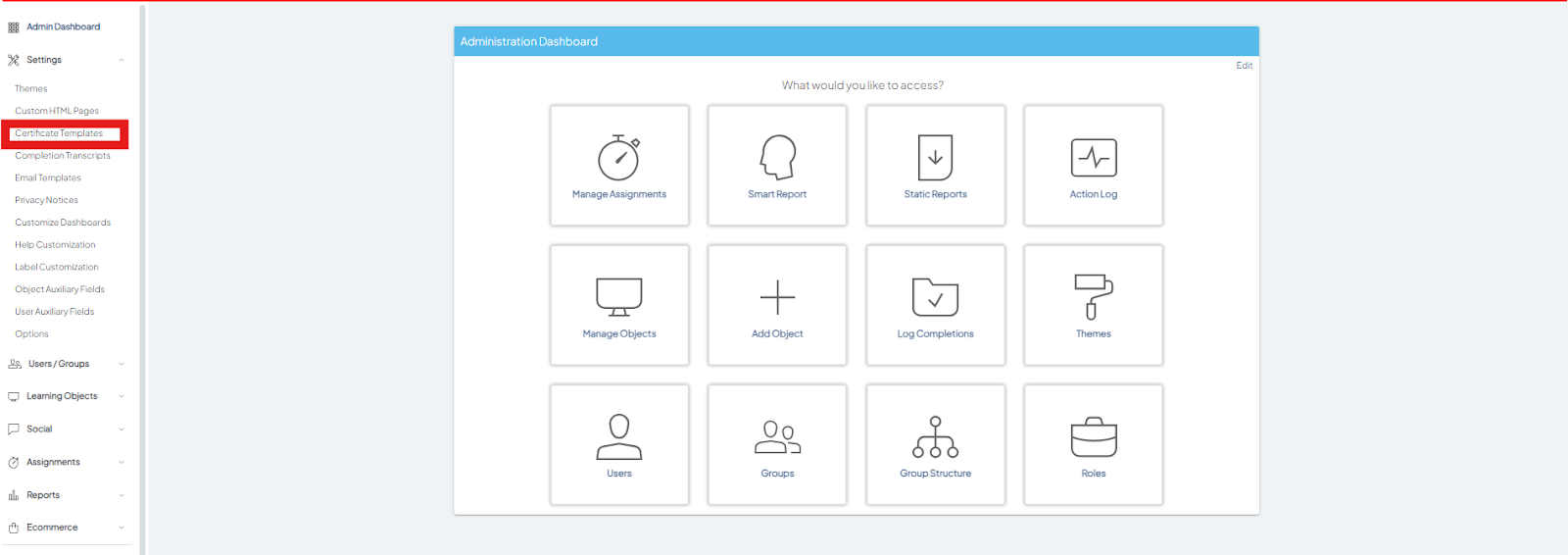 Certificate Templates navigation screen